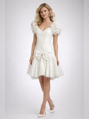 Vintage 80s Nuance Lace Drop Waist Dress Ruffle Shoulders Bow Lolita Prom